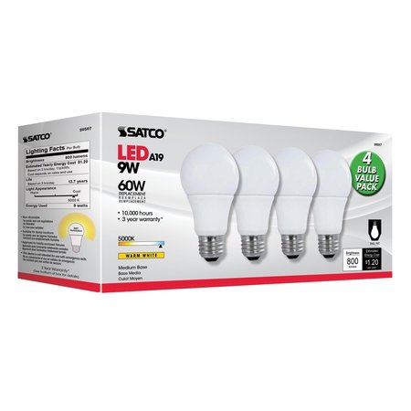 SATCO Type A A19 E26 (Medium) LED Bulb Natural Light 60 W , 4PK S39597